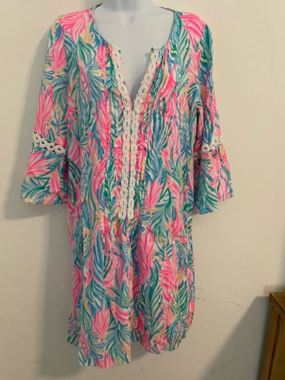 Lilly Pulitzer Hollie tunic Dress Womens L Pink floral print Bell Sleeve Boho -